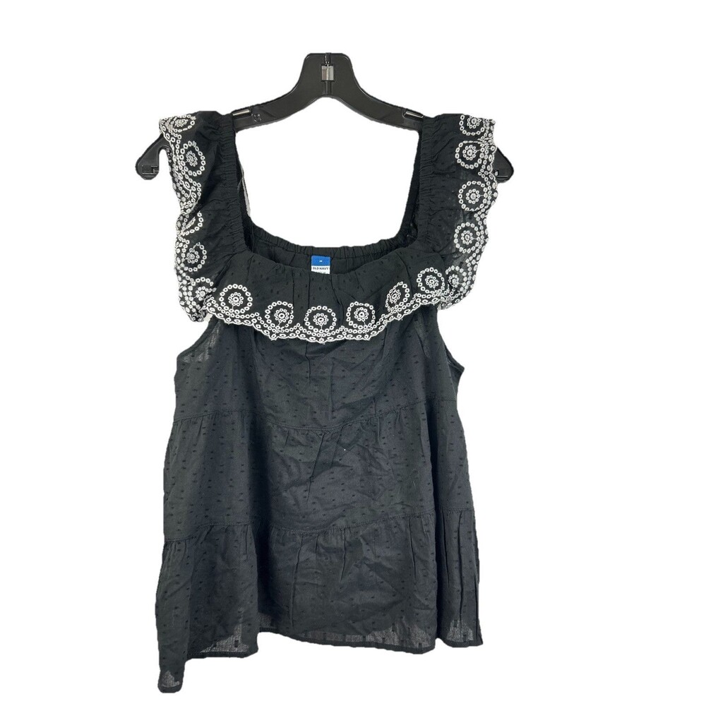 OLD NAVY used Womens Embroidered Ruffle Blouse Black Boho Sleeveless Top